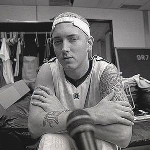 Eminem doing a interview, black and white photo