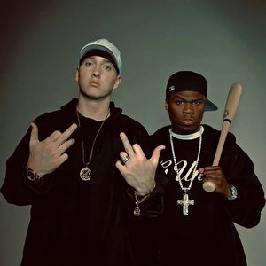 Eminem and 50 cent (middle finger up, white cap and baseball bat)